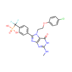 CNc1nc2nc(-c3ccc(C(F)(F)P(=O)(O)O)cc3)n(CCOc3ccc(Cl)cc3)c2c(=O)[nH]1 ZINC000084655002