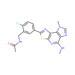 CNc1nc2sc(-c3ccc(F)c(CNC(C)=O)c3)nc2c2c1ncn2C ZINC000040972554