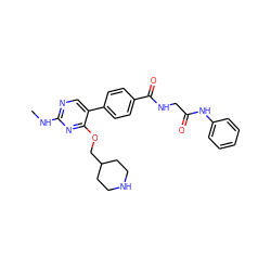 CNc1ncc(-c2ccc(C(=O)NCC(=O)Nc3ccccc3)cc2)c(OCC2CCNCC2)n1 ZINC001772611544