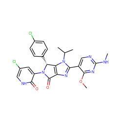 CNc1ncc(-c2nc3c(n2C(C)C)[C@@H](c2ccc(Cl)cc2)N(c2cc(Cl)c[nH]c2=O)C3=O)c(OC)n1 ZINC000169705673