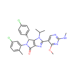 CNc1ncc(-c2nc3c(n2C(C)C)[C@@H](c2ccc(Cl)cc2)N(c2cc(Cl)ccc2C)C3=O)c(OC)n1 ZINC000169705419