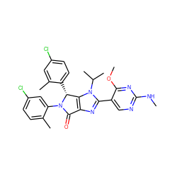 CNc1ncc(-c2nc3c(n2C(C)C)[C@@H](c2ccc(Cl)cc2C)N(c2cc(Cl)ccc2C)C3=O)c(OC)n1 ZINC000169705449
