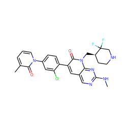 CNc1ncc2cc(-c3ccc(-n4cccc(C)c4=O)cc3Cl)c(=O)n(C[C@@H]3CCNCC3(F)F)c2n1 ZINC000653858712