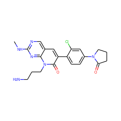 CNc1ncc2cc(-c3ccc(N4CCCC4=O)cc3Cl)c(=O)n(CCCN)c2n1 ZINC000653869518