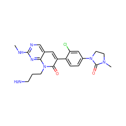 CNc1ncc2cc(-c3ccc(N4CCN(C)C4=O)cc3Cl)c(=O)n(CCCN)c2n1 ZINC000653863933