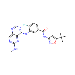 CNc1ncc2ncnc(Nc3cc(C(=O)Nc4cc(C(C)(C)C)on4)ccc3F)c2n1 ZINC000148100069