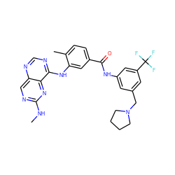 CNc1ncc2ncnc(Nc3cc(C(=O)Nc4cc(CN5CCCC5)cc(C(F)(F)F)c4)ccc3C)c2n1 ZINC000148144450