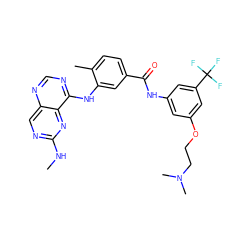 CNc1ncc2ncnc(Nc3cc(C(=O)Nc4cc(OCCN(C)C)cc(C(F)(F)F)c4)ccc3C)c2n1 ZINC000068198111