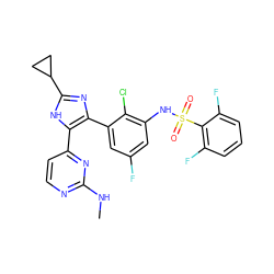 CNc1nccc(-c2[nH]c(C3CC3)nc2-c2cc(F)cc(NS(=O)(=O)c3c(F)cccc3F)c2Cl)n1 ZINC000168924879