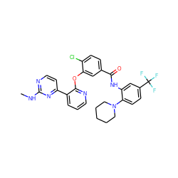 CNc1nccc(-c2cccnc2Oc2cc(C(=O)Nc3cc(C(F)(F)F)ccc3N3CCCCC3)ccc2Cl)n1 ZINC000014957272