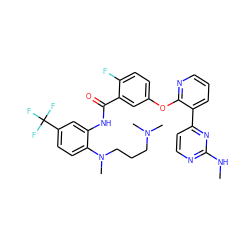 CNc1nccc(-c2cccnc2Oc2ccc(F)c(C(=O)Nc3cc(C(F)(F)F)ccc3N(C)CCCN(C)C)c2)n1 ZINC000014957289