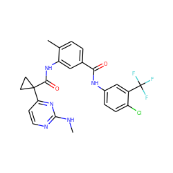 CNc1nccc(C2(C(=O)Nc3cc(C(=O)Nc4ccc(Cl)c(C(F)(F)F)c4)ccc3C)CC2)n1 ZINC001772578437