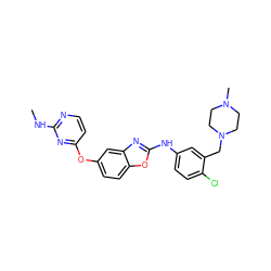 CNc1nccc(Oc2ccc3oc(Nc4ccc(Cl)c(CN5CCN(C)CC5)c4)nc3c2)n1 ZINC000023359487