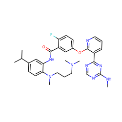 CNc1ncnc(-c2cccnc2Oc2ccc(F)c(C(=O)Nc3cc(C(C)C)ccc3N(C)CCCN(C)C)c2)n1 ZINC000014957315