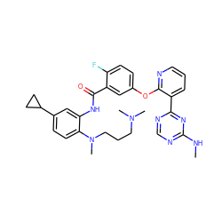 CNc1ncnc(-c2cccnc2Oc2ccc(F)c(C(=O)Nc3cc(C4CC4)ccc3N(C)CCCN(C)C)c2)n1 ZINC000014957319