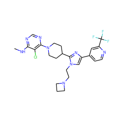 CNc1ncnc(N2CCC(c3nc(-c4ccnc(C(F)(F)F)c4)cn3CCN3CCC3)CC2)c1Cl ZINC000219749555