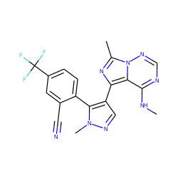 CNc1ncnn2c(C)nc(-c3cnn(C)c3-c3ccc(C(F)(F)F)cc3C#N)c12 ZINC000169697385