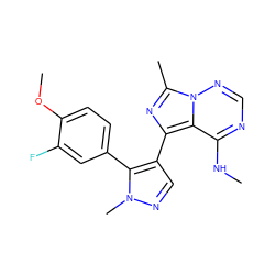 CNc1ncnn2c(C)nc(-c3cnn(C)c3-c3ccc(OC)c(F)c3)c12 ZINC000169697359