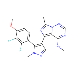 CNc1ncnn2c(C)nc(-c3cnn(C)c3-c3ccc(OC)c(F)c3F)c12 ZINC000169697374