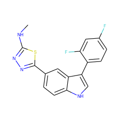 CNc1nnc(-c2ccc3[nH]cc(-c4ccc(F)cc4F)c3c2)s1 ZINC000204775737