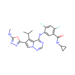 CNc1nnc(-c2cn3ncnc(Nc4cc(C(=O)NC5CC5)c(F)cc4F)c3c2C(C)C)o1 ZINC000029128169