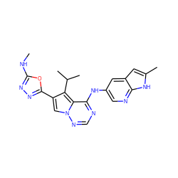 CNc1nnc(-c2cn3ncnc(Nc4cnc5[nH]c(C)cc5c4)c3c2C(C)C)o1 ZINC000029047289