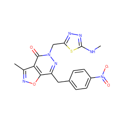 CNc1nnc(Cn2nc(Cc3ccc([N+](=O)[O-])cc3)c3onc(C)c3c2=O)s1 ZINC000084587771