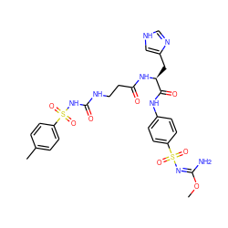 CO/C(N)=N/S(=O)(=O)c1ccc(NC(=O)[C@H](Cc2c[nH]cn2)NC(=O)CCNC(=O)NS(=O)(=O)c2ccc(C)cc2)cc1 ZINC000029479830