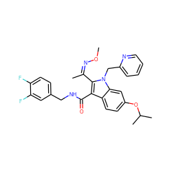 CO/N=C(/C)c1c(C(=O)NCc2ccc(F)c(F)c2)c2ccc(OC(C)C)cc2n1Cc1ccccn1 ZINC000096172135