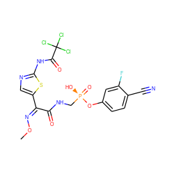 CO/N=C(\C(=O)NC[P@@](=O)(O)Oc1ccc(C#N)c(F)c1)c1cnc(NC(=O)C(Cl)(Cl)Cl)s1 ZINC000072175308