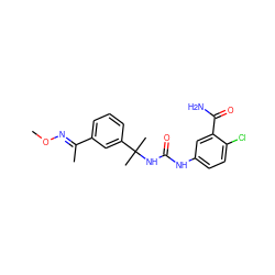 CO/N=C(\C)c1cccc(C(C)(C)NC(=O)Nc2ccc(Cl)c(C(N)=O)c2)c1 ZINC000095575728