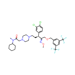 CO/N=C(\COCc1cc(C(F)(F)F)cc(C(F)(F)F)c1)[C@@H](CCN1CCN(CC(=O)N(C)C2CCCCC2)CC1)c1ccc(Cl)c(Cl)c1 ZINC000026396897