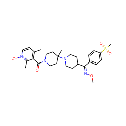 CO/N=C(\c1ccc(S(C)(=O)=O)cc1)C1CCN(C2(C)CCN(C(=O)c3c(C)cc[n+]([O-])c3C)CC2)CC1 ZINC000026849966