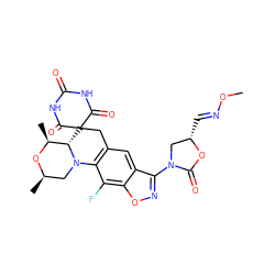 CO/N=C/[C@H]1CN(c2noc3c(F)c4c(cc23)CC2(C(=O)NC(=O)NC2=O)[C@H]2[C@H](C)O[C@H](C)CN42)C(=O)O1 ZINC000147992975