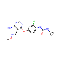 CO/N=C/c1c(N)ncnc1Oc1ccc(NC(=O)NC2CC2)c(Cl)c1 ZINC000066080467