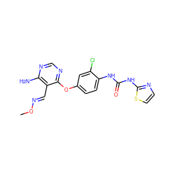 CO/N=C/c1c(N)ncnc1Oc1ccc(NC(=O)Nc2nccs2)c(Cl)c1 ZINC000066077717