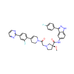 CO[C@@]1(C(=O)Nc2ccc3[nH]nc(-c4ccc(F)cc4)c3c2)CCN(CC(=O)N2CC=C(c3ccc(-c4ncccn4)cc3F)CC2)C1 ZINC000096174207