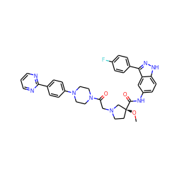 CO[C@@]1(C(=O)Nc2ccc3[nH]nc(-c4ccc(F)cc4)c3c2)CCN(CC(=O)N2CCN(c3ccc(-c4ncccn4)cc3)CC2)C1 ZINC000043170094