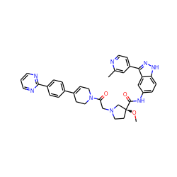 CO[C@@]1(C(=O)Nc2ccc3[nH]nc(-c4ccnc(C)c4)c3c2)CCN(CC(=O)N2CC=C(c3ccc(-c4ncccn4)cc3)CC2)C1 ZINC000096174204