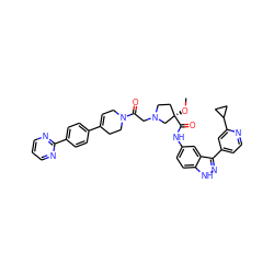 CO[C@@]1(C(=O)Nc2ccc3[nH]nc(-c4ccnc(C5CC5)c4)c3c2)CCN(CC(=O)N2CC=C(c3ccc(-c4ncccn4)cc3)CC2)C1 ZINC000068087551