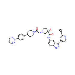 CO[C@@]1(C(=O)Nc2ccc3[nH]nc(-c4ccnc(C5CC5)c4)c3c2)CCN(CC(=O)N2CCC(c3ccc(-c4ncccn4)cc3)CC2)C1 ZINC000169686896