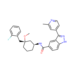 CO[C@@]1(Cc2ccccc2F)CCC[C@H](NC(=O)c2ccc3[nH]nc(-c4ccnc(C)c4)c3c2)C1 ZINC000149456614