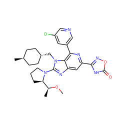 CO[C@@H](C)[C@H]1CCCN1c1nc2cc(-c3noc(=O)[nH]3)nc(-c3cncc(Cl)c3)c2n1C[C@H]1CC[C@H](C)CC1 ZINC000261124370