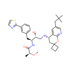 CO[C@@H](C)C(=O)N[C@@H](Cc1cccc(-c2nccs2)c1)[C@H](O)CN[C@H]1CC2(CCC2)Oc2ncc(CC(C)(C)C)cc21 ZINC000095574641