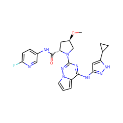 CO[C@@H]1C[C@@H](C(=O)Nc2ccc(F)nc2)N(c2nc(Nc3cc(C4CC4)[nH]n3)c3cccn3n2)C1 ZINC000043178789