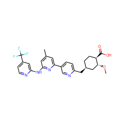 CO[C@@H]1C[C@@H](Cc2ccc(-c3cc(C)cc(Nc4cc(C(F)(F)F)ccn4)n3)cn2)CC[C@H]1C(=O)O ZINC001772600627