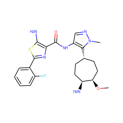 CO[C@@H]1CC[C@@H](c2c(NC(=O)c3nc(-c4ccccc4F)sc3N)cnn2C)CC[C@@H]1N ZINC000169699544