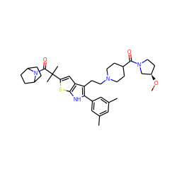 CO[C@@H]1CCN(C(=O)C2CCN(CCc3c(-c4cc(C)cc(C)c4)[nH]c4sc(C(C)(C)C(=O)N5C6CCC5CC6)cc34)CC2)C1 ZINC000028961696