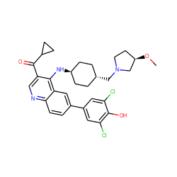 CO[C@@H]1CCN(C[C@H]2CC[C@H](Nc3c(C(=O)C4CC4)cnc4ccc(-c5cc(Cl)c(O)c(Cl)c5)cc34)CC2)C1 ZINC000473152157