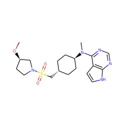 CO[C@@H]1CCN(S(=O)(=O)C[C@H]2CC[C@H](N(C)c3ncnc4[nH]ccc34)CC2)C1 ZINC000261191695